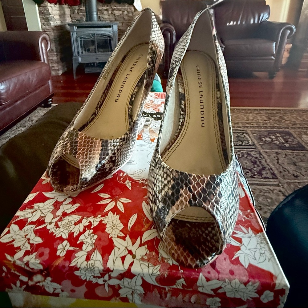 Chinese Laundry Snakeskin Peep-Toe Heels - Brown and Cream